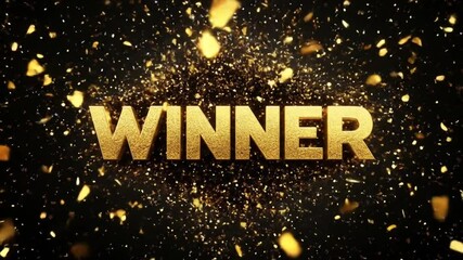 Golden winner text animation with confetti explosion on black background - Powered by Adobe