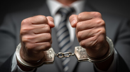 Man in Suit Handcuffed Hands Clenched in Front in Business Setting