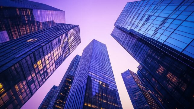Modern skyscrapers reaching towards a vibrant twilight sky.  Glass facades reflecting the light
