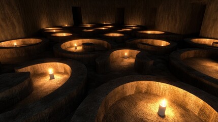 Dark, circular niches, lit by candles