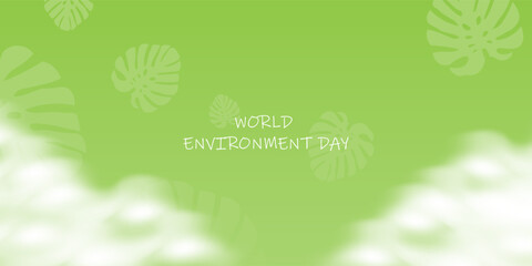 World Environment Day Green Background with Tropical Leaves and Clouds

