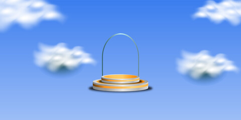 3D Floating Podium with Blue Sky and Cloud Background

