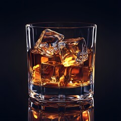 A golden brown glass of whiskey on the rocks with ice cubes