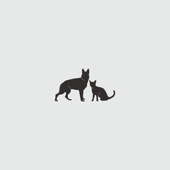 Simple black silhouette of a dog and a cat standing next to each other