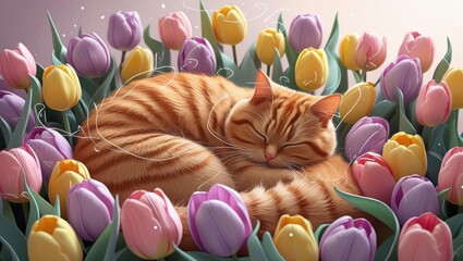 A cozy chubby cat nestled in pastel tulips with playful doodle lines illustrating purring.