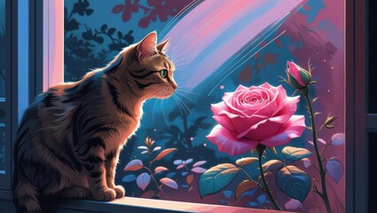 A whimsical cat curiously observes a blooming flower in soft pastel colors with playful doodle-style light beams.