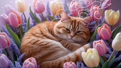 A cute chubby cat resting among colorful tulips, illustrated with doodle lines suggesting purring.