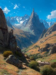 the artwork presents a landscape painting of a dramatic mountain scene under a bright, blue sky with scattered clouds