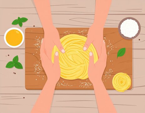 Hands Kneading Yellow Pasta Dough On Wooden Board
