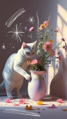 A pastel cat arranges a flower vase, surrounded by whimsical sparkles and petals in a charming scene.