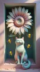 A charming pastel cat relaxes beneath a large sunflower, playfully surrounded by whimsical doodle bees.
