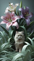 A playful pastel cat hides among giant lilies with whimsical doodle-style leaves and grass.