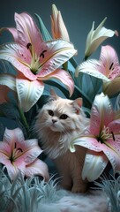 A playful pastel cat hiding behind oversized lilies with whimsical leaves and grass in a charming doodle style.