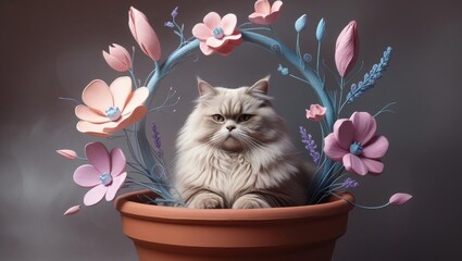 A playful pastel cat in a flower pot surrounded by whimsical doodle petals.