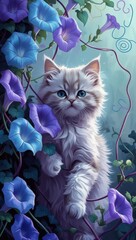 A playful pastel kitten entangled in morning glories with whimsical doodle squiggles.