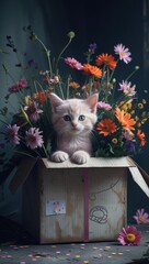 A cute pastel kitten peeking from a flower box adorned with doodle ribbon and confetti.