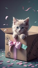 A cute pastel kitten peeks from a flower delivery box, surrounded by playful doodle-style ribbon and confetti.