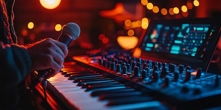 Close-up shot of a musician's hands on a keyboard and microphone during a live performance.