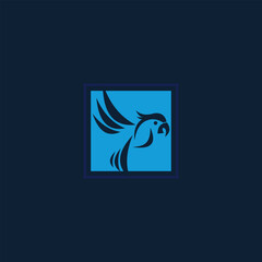 Stylized blue parrot emblem inside a square, avian symbol design