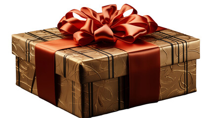 Luxury gold gift box, rich red ribbon, festive holiday present, birthday anniversary surprise, elegant packaging, isolated on transparent background.