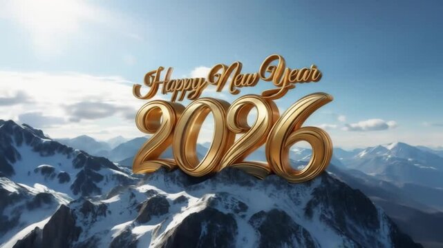 Happy New Year 2026 on Snowy Mountain Peak, a Golden Celebration Backdrop