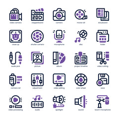 Video Editing Icon pack for your website, mobile, presentation, and logo design. Video Editing Icon dual tone design. Vector graphics illustration and editable stroke.