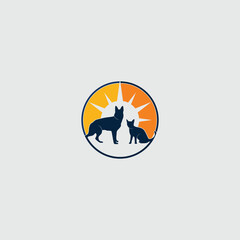 Symbolic silhouette of a dog and cat partnership surrounded by bright sun rays