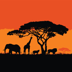 Savanna Horizon Animal Silhouettes – African Wildlife Vector with Sunset Gradient