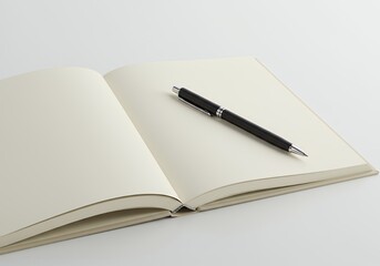 Open Beige Notebook with Black Pen on White Background