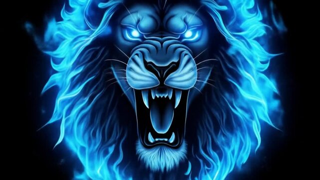Intense Blue Flame Lion Animated Background with Roaring Expressions on Black Canvas