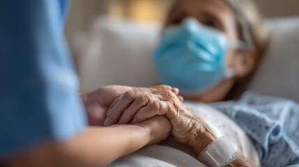 Pflegekraft hält Hand einer Patientin mit Maske im Krankenhausbett
