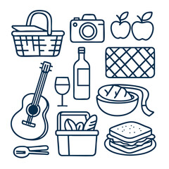 Picnic basket filled with food, drinks, and camera evokes joyful outdoor gathering