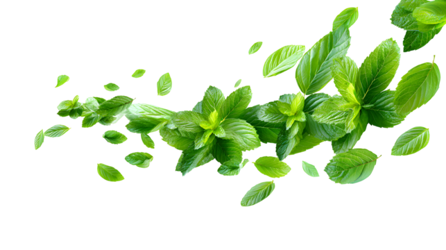 Fresh green mint leaves arranged in flowing composition with modern bright background