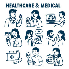 Healthcare and medical illustrations depict various professionals and activities in field