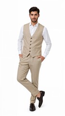Full length of confident Egyptian man in a longsleeve white shirt and formal vest standing with one foot resting lightly on a low step on plain white background