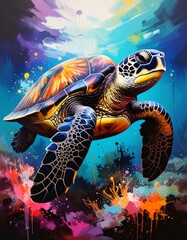 Ein Mixed-Media-Kunstwerk einer Meeresschildkr&ouml;te, das satte schwarze Kohle mit weichem, farbenfrohem Pastell mischt. Heben Sie ausdrucksstarke Linienf&uuml;hrung, strukturierte Oberfl&auml;chen Generated image