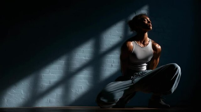 Athletic woman in a tank top and sweatpants sits in a meditative squat, basking in sunlight.