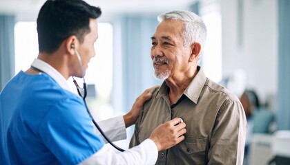 Obraz premium Professional Medical Check-Up – Male Doctor Examining Elderly Male Patient in Geriatrics