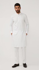Full length of confident Moroccan man in a white mandarincollar shirt and suit pants standing upright with arms relaxed on plain white background