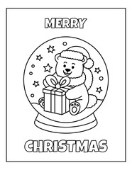 Christmas Bear in Snow Globe with Gifts – Cute Coloring Page for Kids, Line Art Vector Illustration