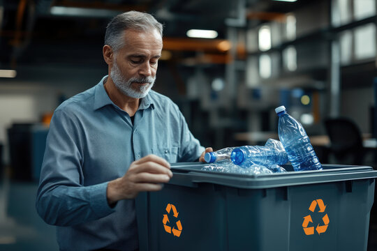 Senior Man Disposing Plastic Bottle in Eco-Friendly Bin - Powered by Adobe