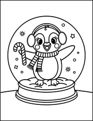 Coloring page Christmas Snow globe with  cute penguin in snow rain. coloring book or page for kids. ready to print, vector illustration