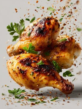 Naklejki Photorealistic floating grilled chicken drumsticks with crispy bits on white background, surreal food concept with levitating meat pieces