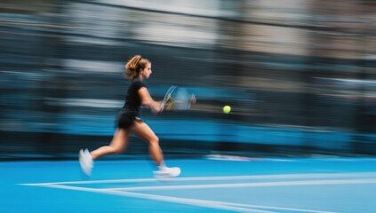 Sporty Woman Running on Blue Tennis Court with Racket and Ball