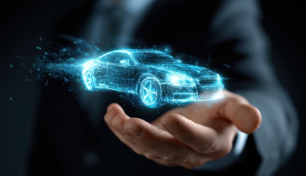 Glowing Blue Car Model Floating Above Hand Dark Background - Powered by Adobe