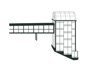Electro train stop. Train station. Transition, steps, tunnel. Train station building. Black linear icon on white background.