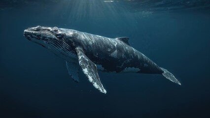 Fototapeta premium Majestic Humpback Whale Gracefully Swimming in the Deep Ocean Underwater Wildlife Photography