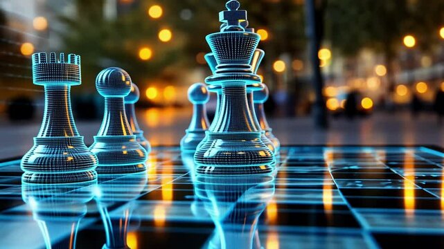 Digital chess match unfolds with illuminated pieces on a futuristic board at dusk in an urban setting