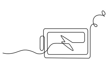Continuous one line drawing of battery charging. Single line drawing illustration of battery charging symbol. Electricity energy concept vector art. Doodle line illustration.