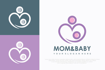 Mother and baby Heart shape Logo design . Medicine Clinic Care Logotype . vector illustration